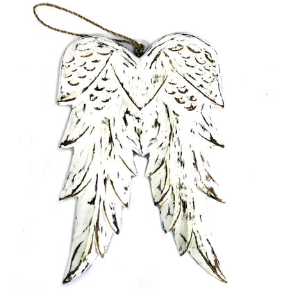 Alt Tag: White Washed Angel Wings – 31CM double angel wing wall hanging, white-washed albesia wood decor with rope loop
