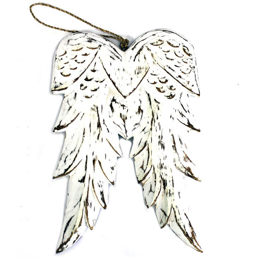 Alt Tag: White Washed Angel Wings – 31CM double angel wing wall hanging, white-washed albesia wood decor with rope loop