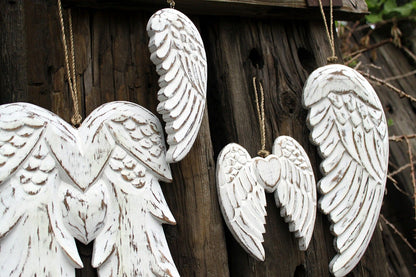 Alt Tag: White Washed Angel Wings – Heart Decoration 15CM handcrafted whitewashed wooden angel wing heart hanging decor