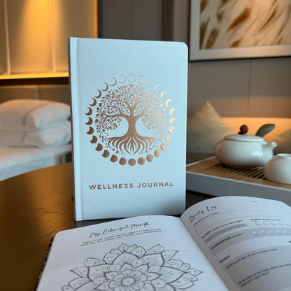 White Wellness Journal – 120 Pages – Rose Gold Tree of Life white journal with rose gold Tree of Life cover on desk, open pages