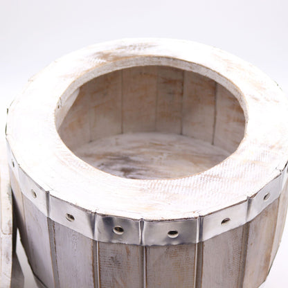 Whitewash Albasia Wood Barrel Stool – 38x32 CM, whitewashed wooden beer barrel stool with metal band accents, top view