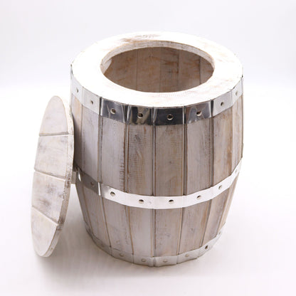 Alt Tag: Whitewash Albasia Wood Barrel Stool – 38x32 CM, rustic whitewashed wood barrel-style stool with metal bands, product photo