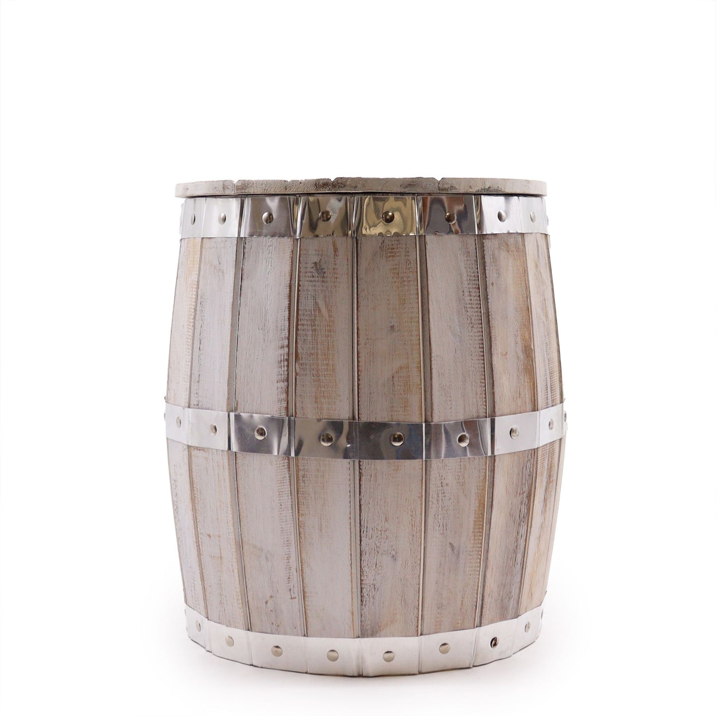 Alt Tag: Whitewash Albasia Wood Barrel Stool – 38x32 CM rustic whitewashed wooden barrel stool with metal bands, front view
