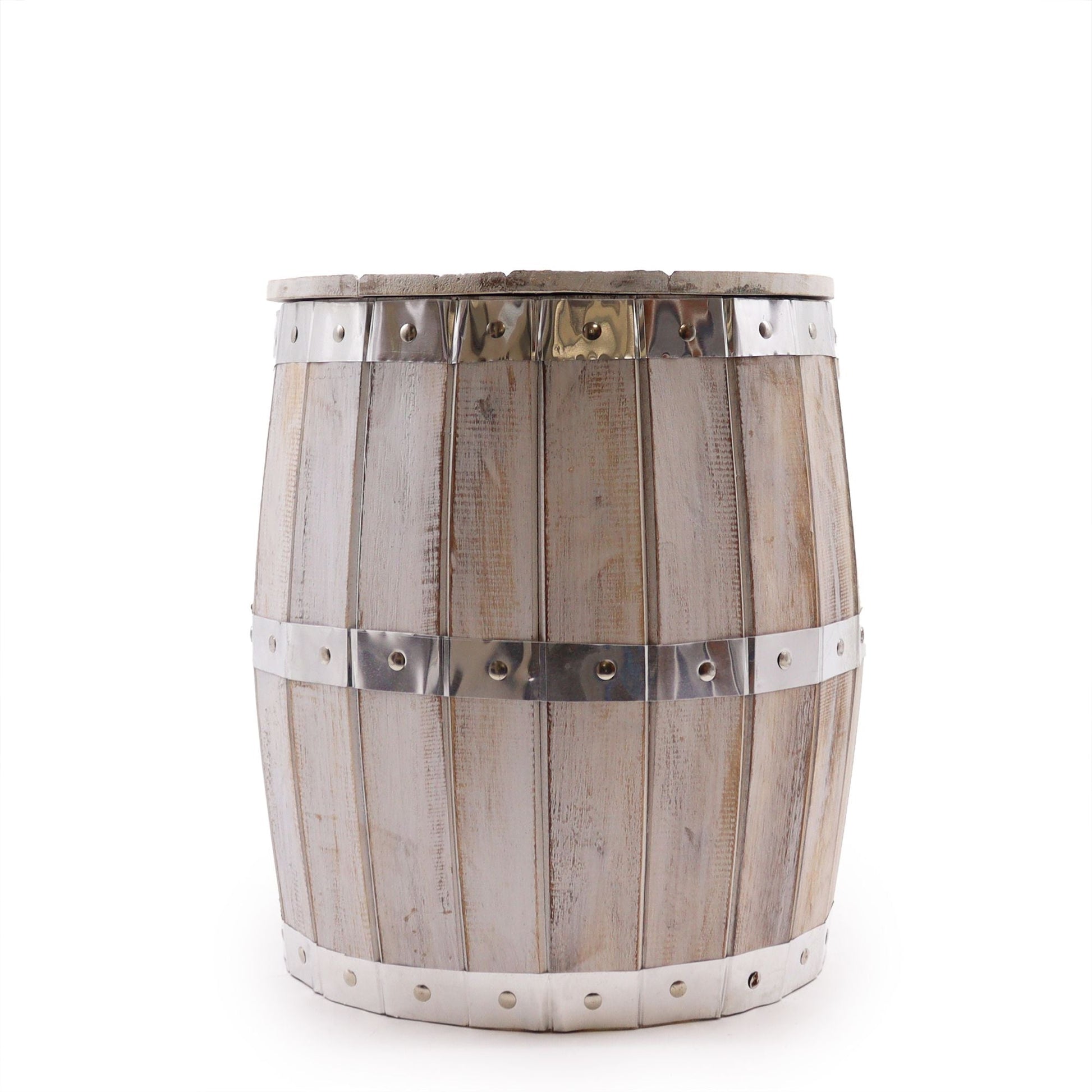 Alt Tag: Whitewash Albasia Wood Barrel Stool – 38x32 CM rustic whitewashed wooden barrel stool with metal bands, front view