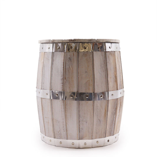 Alt Tag: Whitewash Albasia Wood Barrel Stool – 38x32 CM rustic whitewashed wooden barrel stool with metal bands, front view
