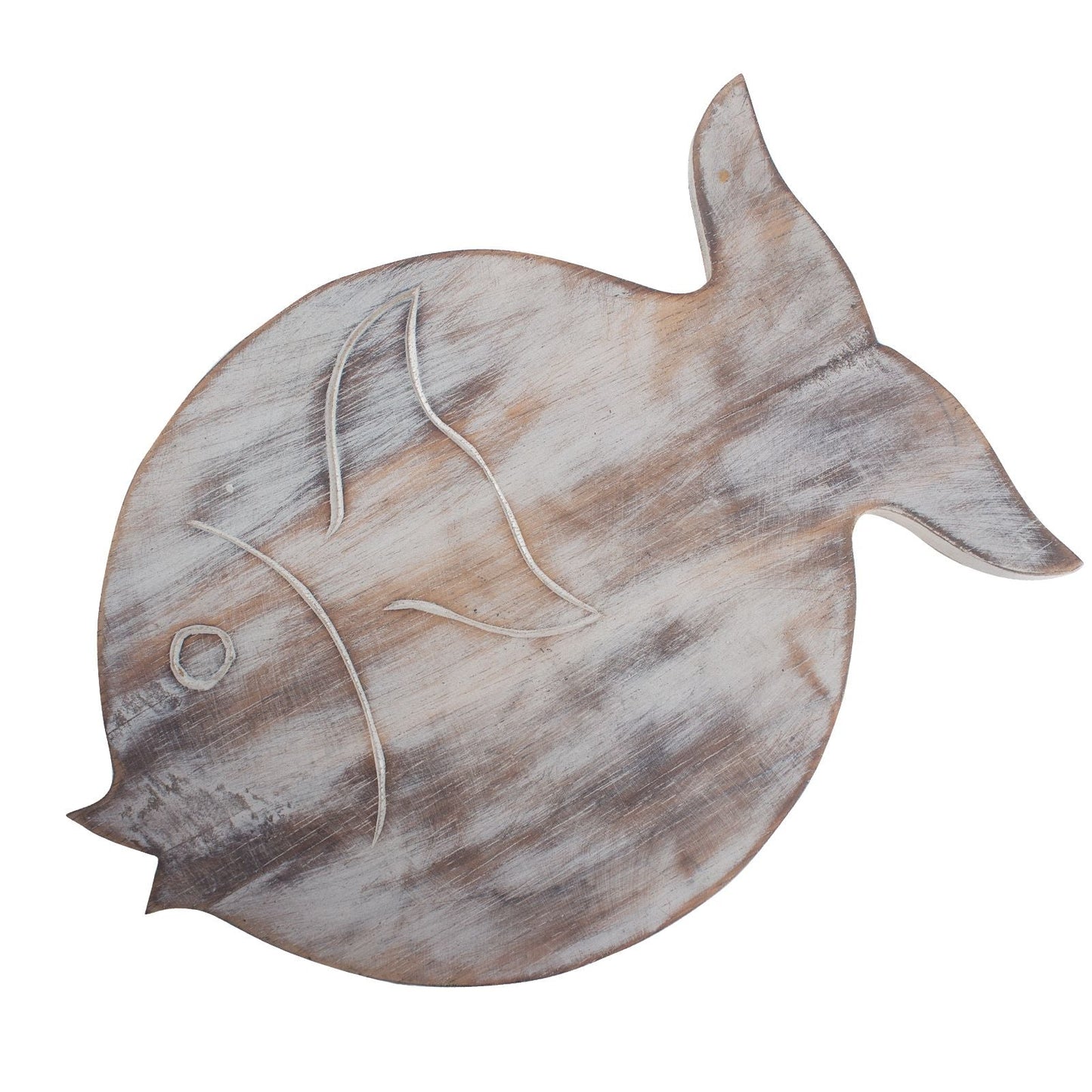 Vitkalkat fiskställ i albasia-trä – 26x19.5x37 CM, dekorativt fiskformat stativ i vitkalkat albasia-trä