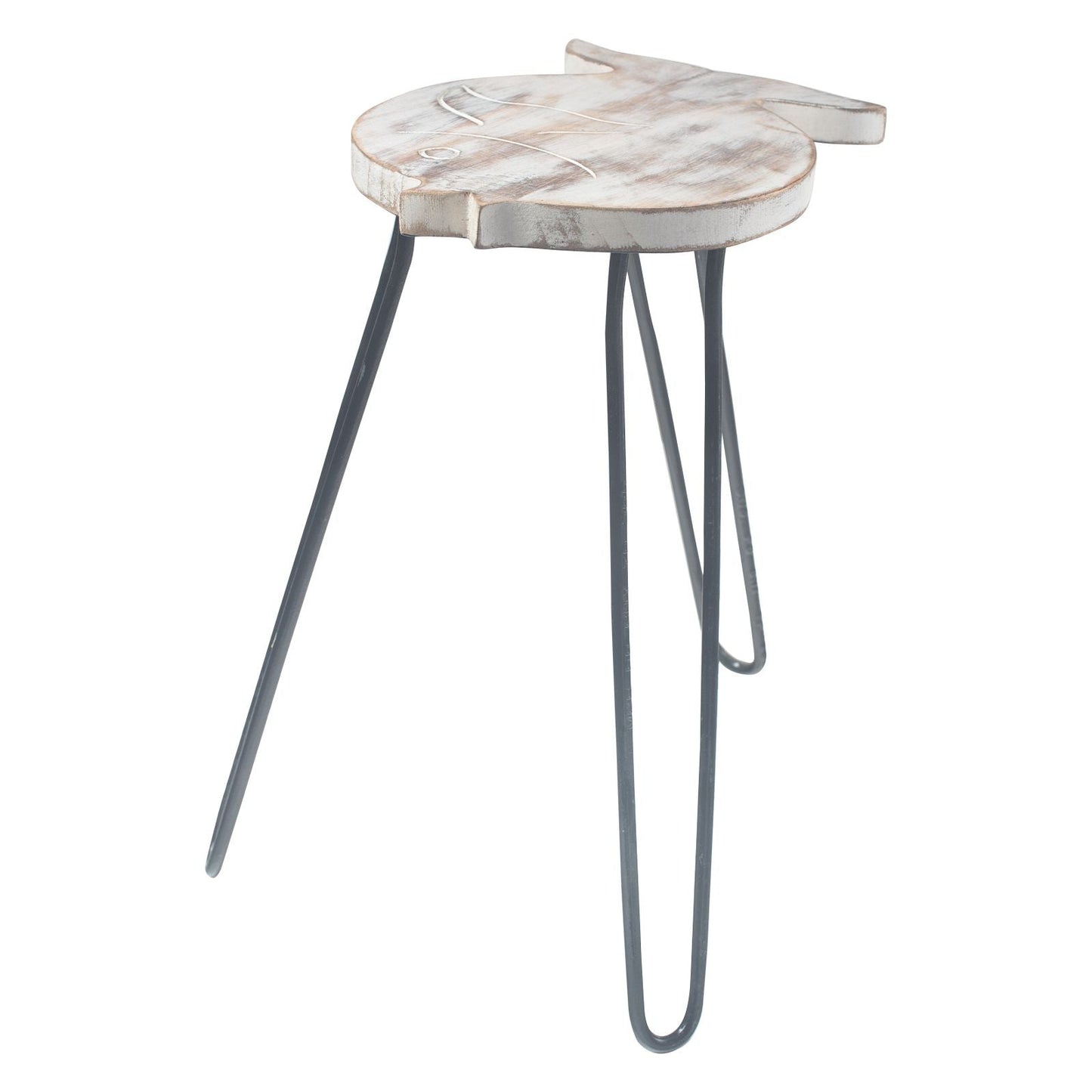 Whitewash Albasia Wood Fish Stand – 26x19.5x37 CM med vitkalkad fiskformad topp i albasia-trä och svarta hairpin-ben i metall