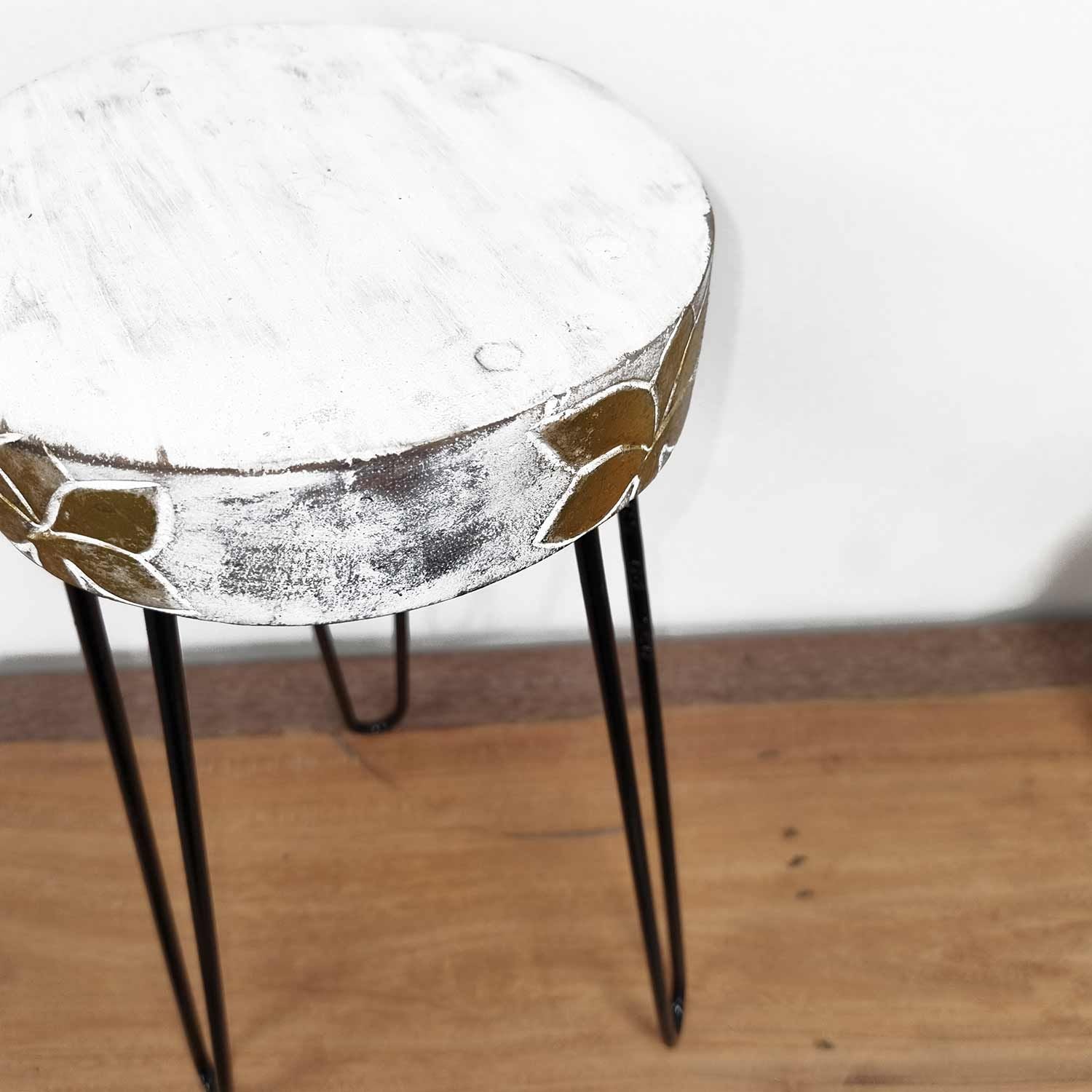 Whitewash Albasia Wood Plant Stand – 19.5x46 CM with round whitewashed wood top and black metal hairpin legs
