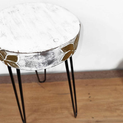 Whitewash Albasia Wood Plant Stand – 19.5x46 CM with round whitewashed wood top and black metal hairpin legs
