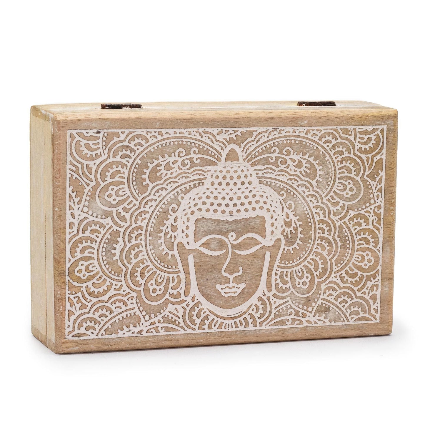 Alt Tag: Whitewash Mango Wood Box – 21.5x14x6.3 CM with Buddha face motif, whitewashed mango wood storage box