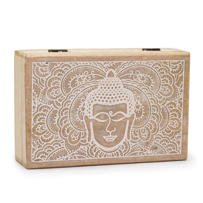 Alt Tag: Whitewash Mango Wood Box – 21.5x14x6.3 CM with Buddha face motif, whitewashed mango wood storage box