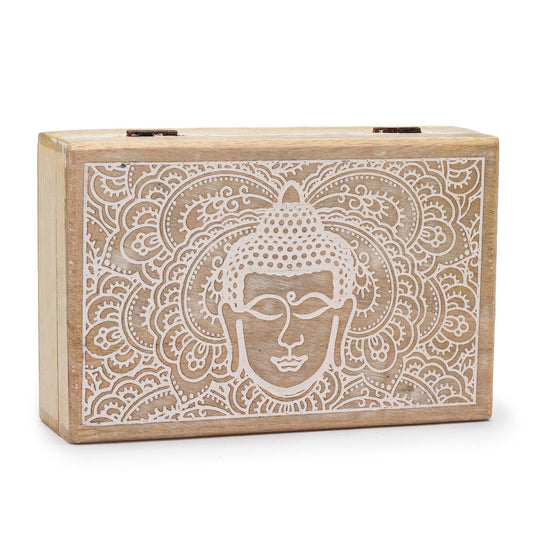 Alt Tag: Whitewash Mango Wood Box – 21.5x14x6.3 CM with Buddha face motif, whitewashed mango wood storage box