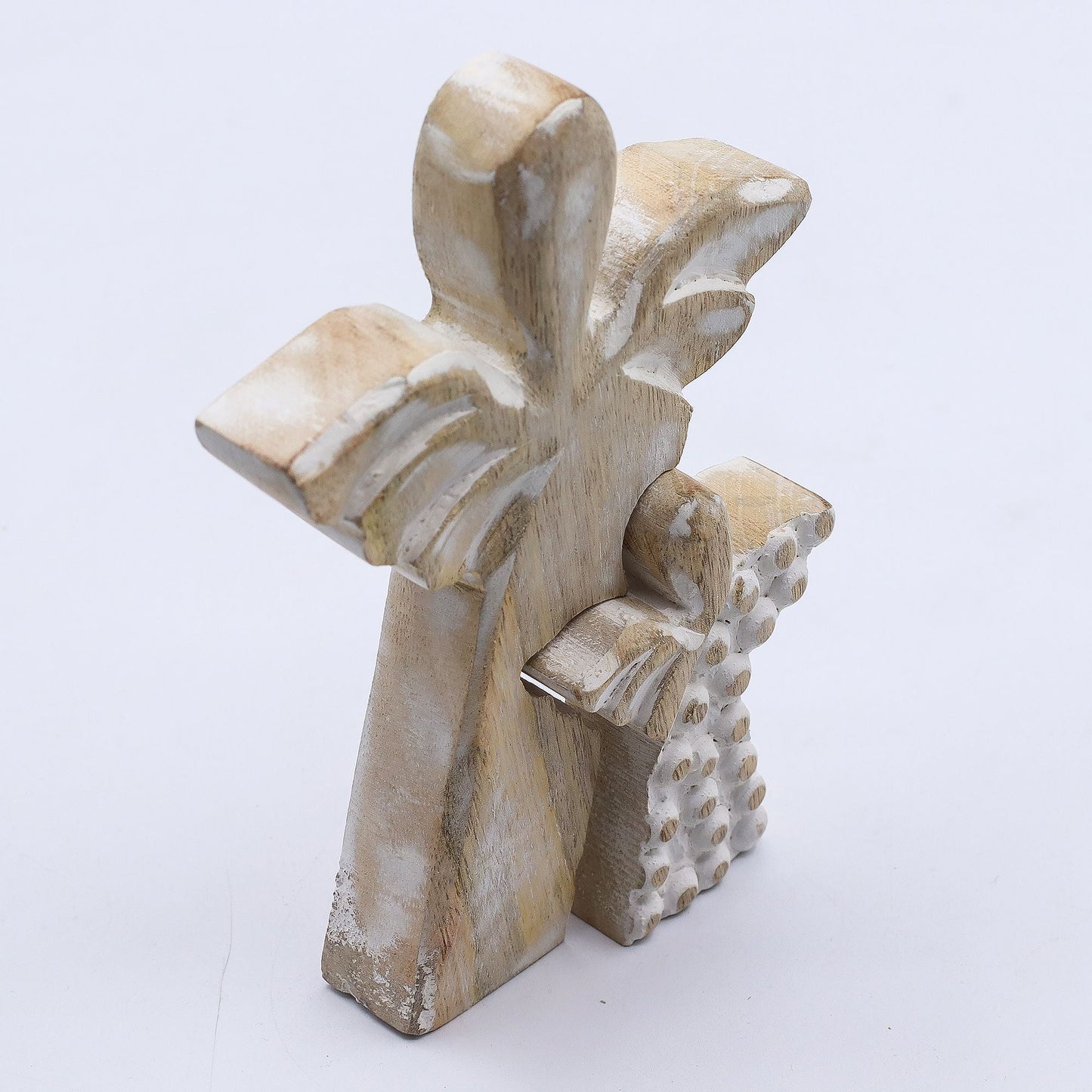Figura doble de ángel en madera de mango con acabado whitewash – 15 CM, escultura de ángel en madera de mango con alas, figura decorativa para mesa