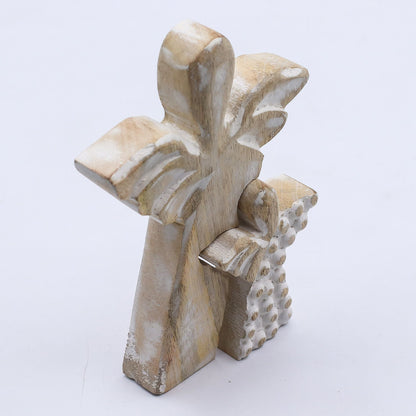 Figura doble de ángel en madera de mango con acabado whitewash – 15 CM, escultura de ángel en madera de mango con alas, figura decorativa para mesa