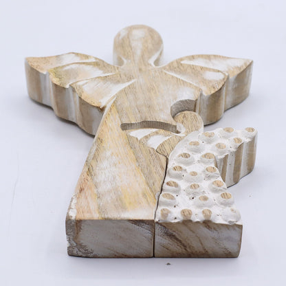 Figura doble de ángel de madera de mango con acabado blanqueado – 15 CM, decoración de ángel en madera de mango tallada con acabado blanqueado, vista de cerca