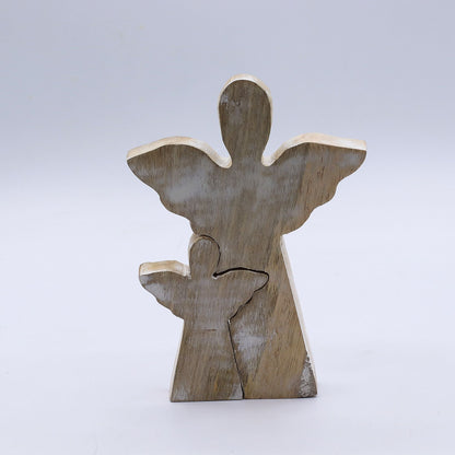 Alt Tag: Figura doble de ángel de madera de mango con acabado whitewash – 15 CM, figura de silueta doble de ángel en madera de mango con acabado whitewash
