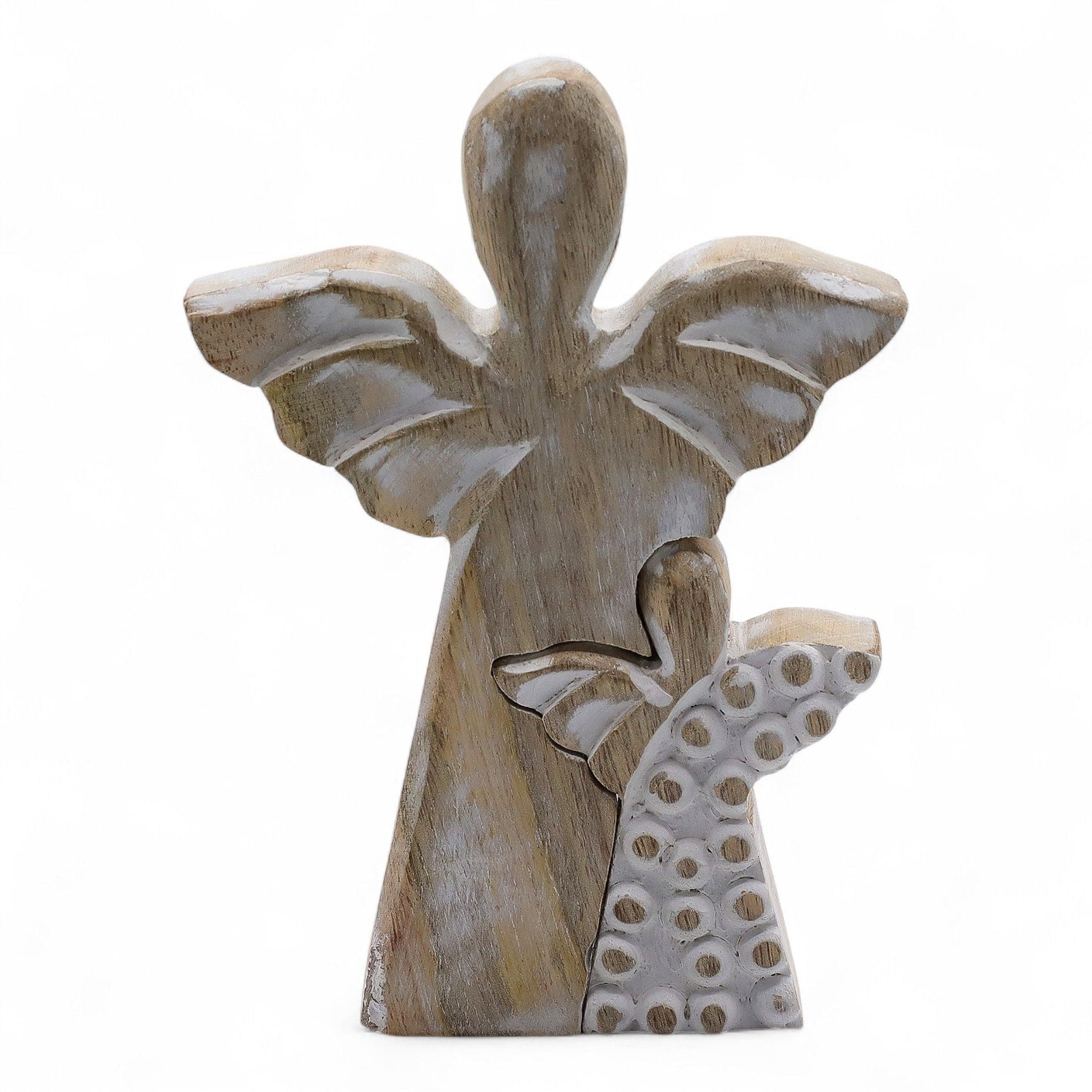 Figura doble de ángeles de madera de mango con acabado whitewash – 15 CM, decoración de doble ángel tallada en madera de mango natural con acabado whitewash
