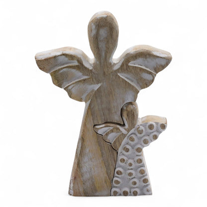 Figura doble de ángeles de madera de mango con acabado whitewash – 15 CM, decoración de doble ángel tallada en madera de mango natural con acabado whitewash