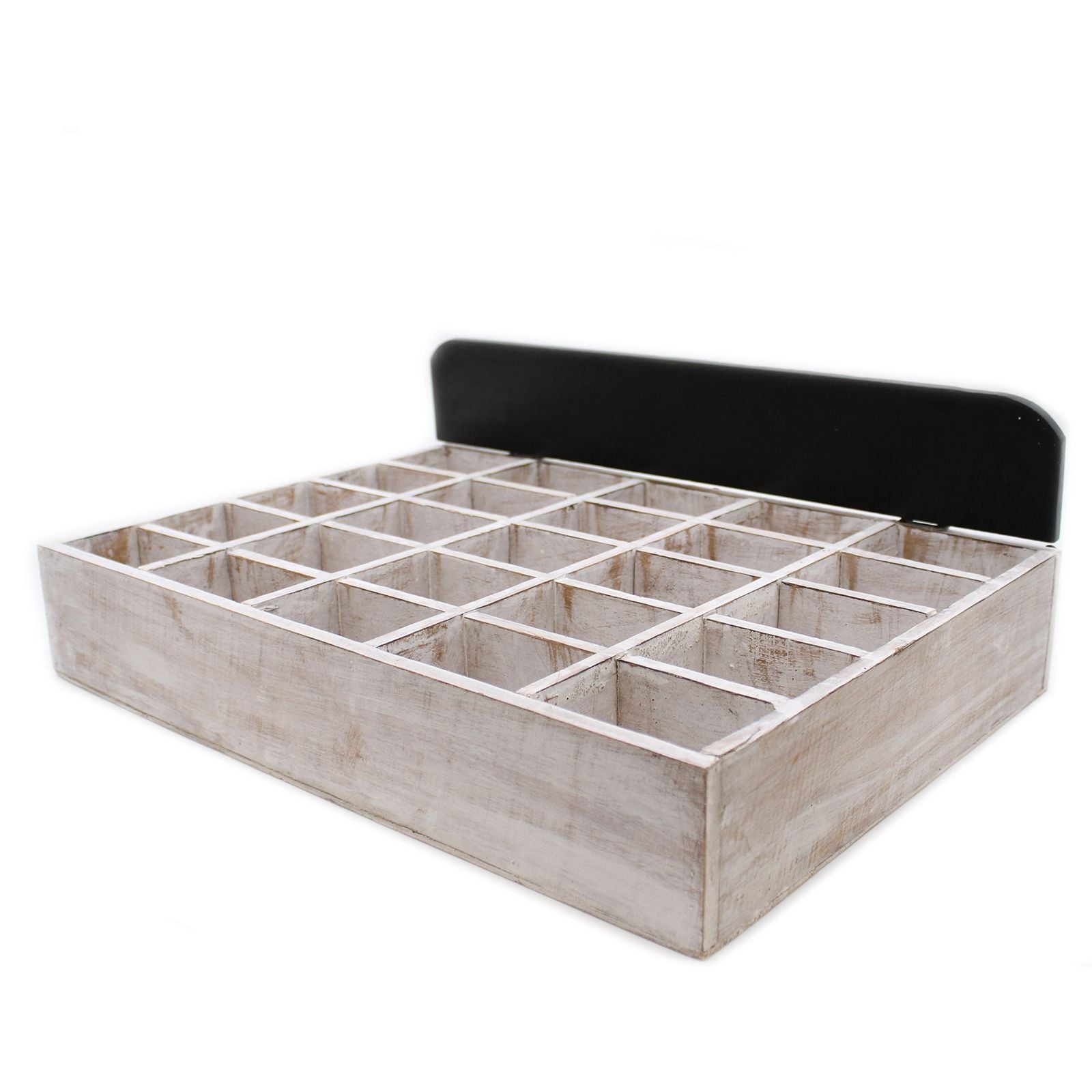 Alt Tag: Whitewashed Albasia Wood Display Stand – 38x52x9.5 CM, compartment wood retail display tray with black back panel