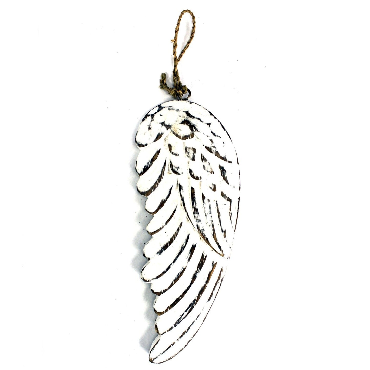 Alt Tag: Whitewashed Albesia Wood Angel Wings – 18CM hanging whitewashed carved wood angel wing ornament with rope loop