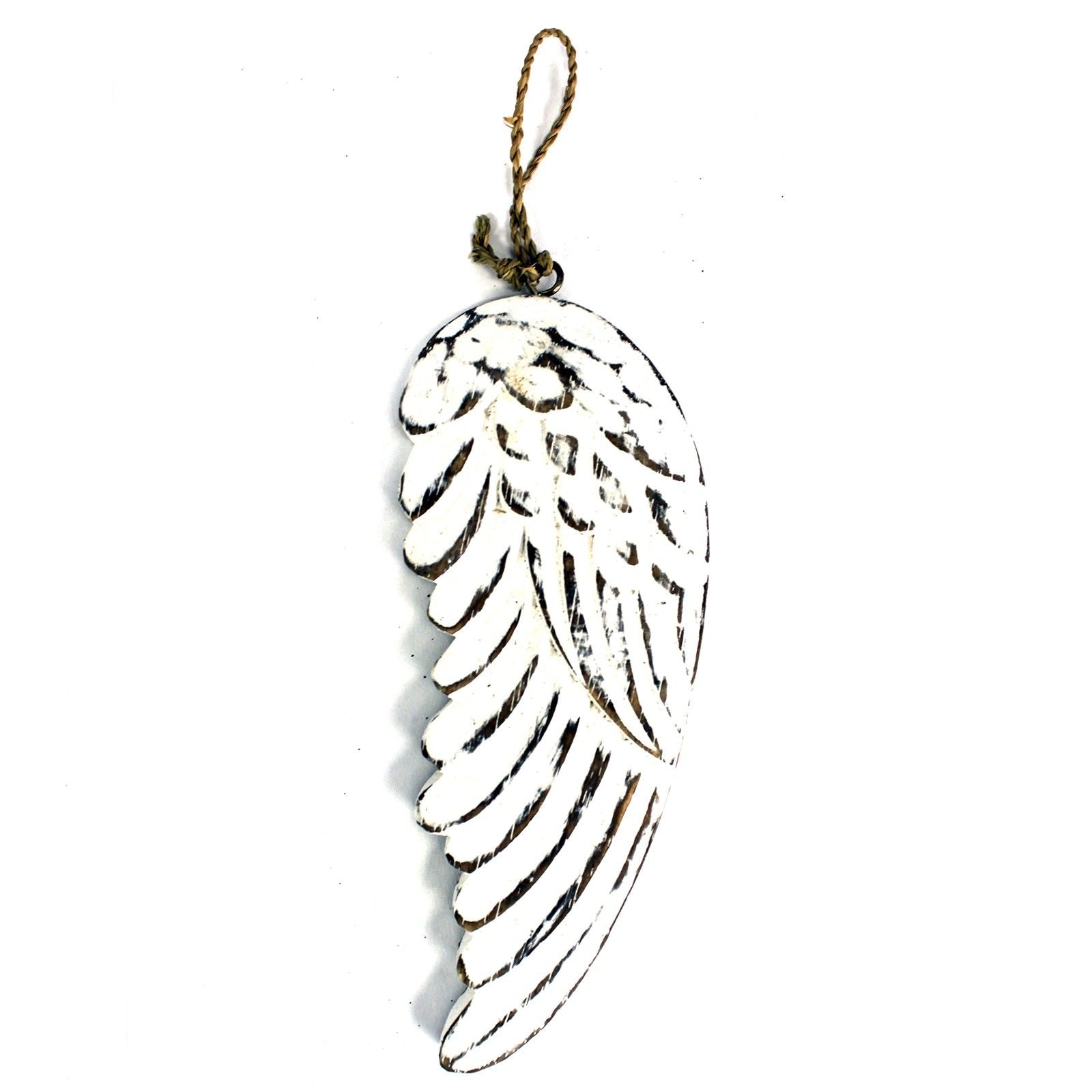 Alt Tag: Whitewashed Albesia Wood Angel Wings – 18CM hanging whitewashed carved wood angel wing ornament with rope loop
