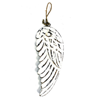 Alt Tag: Whitewashed Albesia Wood Angel Wings – 18CM hanging whitewashed carved wood angel wing ornament with rope loop