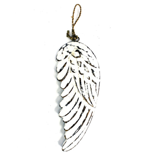 Alt Tag: Whitewashed Albesia Wood Angel Wings – 18CM hanging whitewashed carved wood angel wing ornament with rope loop