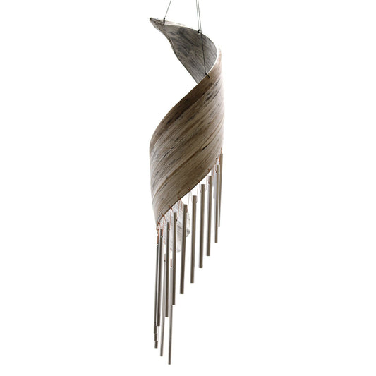 Whitewashed Coconut Leaf Wind Chimes – 50x13 CM handcrafted Bali coconut leaf spiral with metal tubes, hanging wind chime decor
