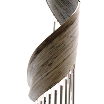 Whitewashed Coconut Leaf Wind Chimes – 50x13 CM close-up of handcrafted whitewashed coconut leaf spiral with metal chime tubes