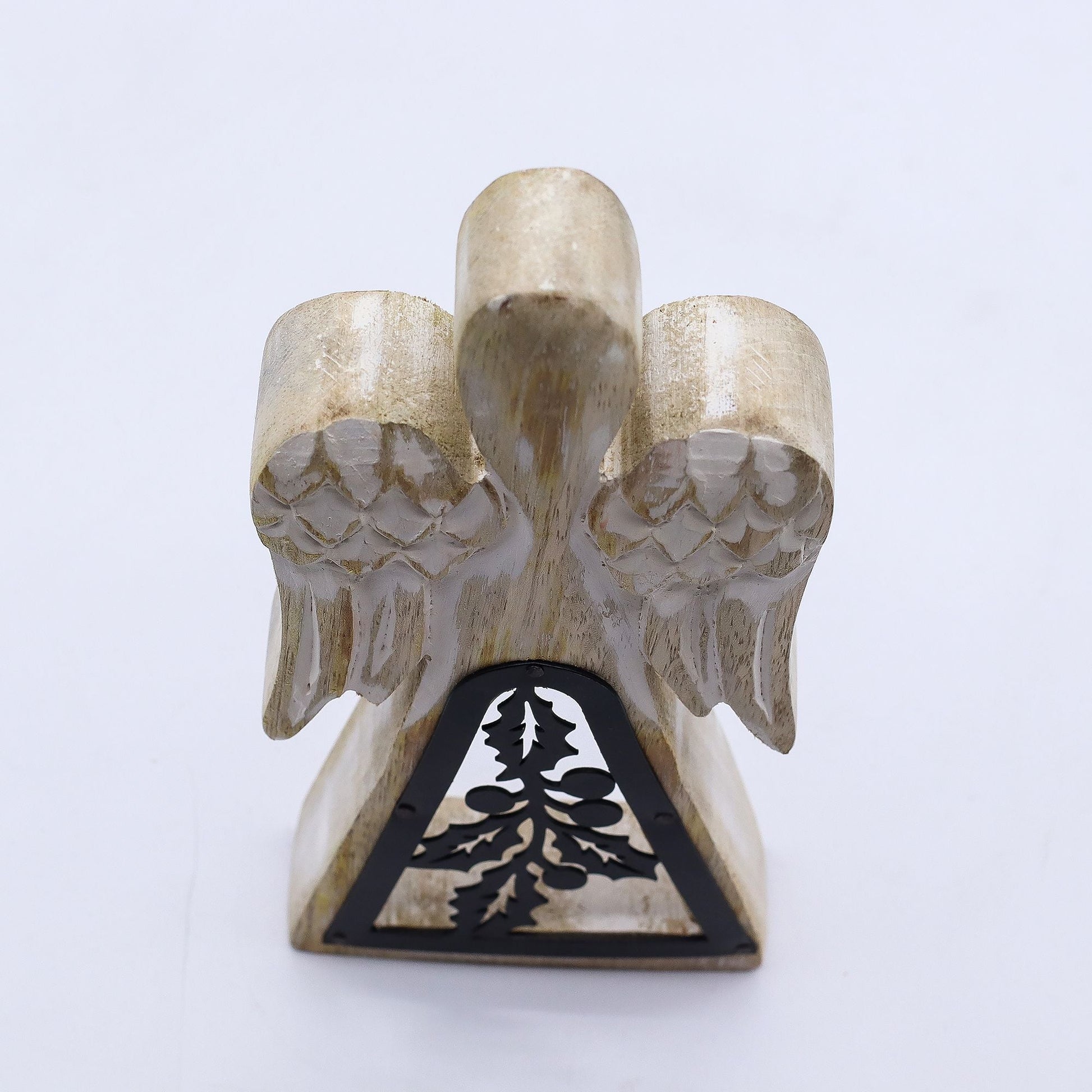 Ángel de madera de mango blanqueada – Ángel de madera de mango tallado a mano de 18CM con recorte de acebo de hierro, acabado blanqueado, 18cm