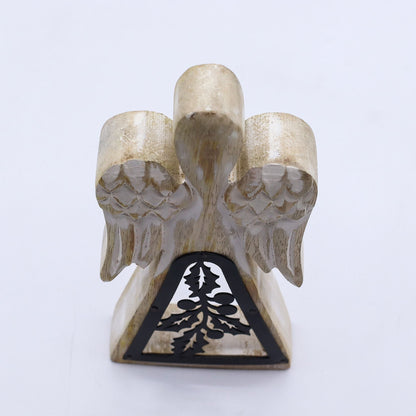 Ángel de madera de mango blanqueada – Ángel de madera de mango tallado a mano de 18CM con recorte de acebo de hierro, acabado blanqueado, 18cm