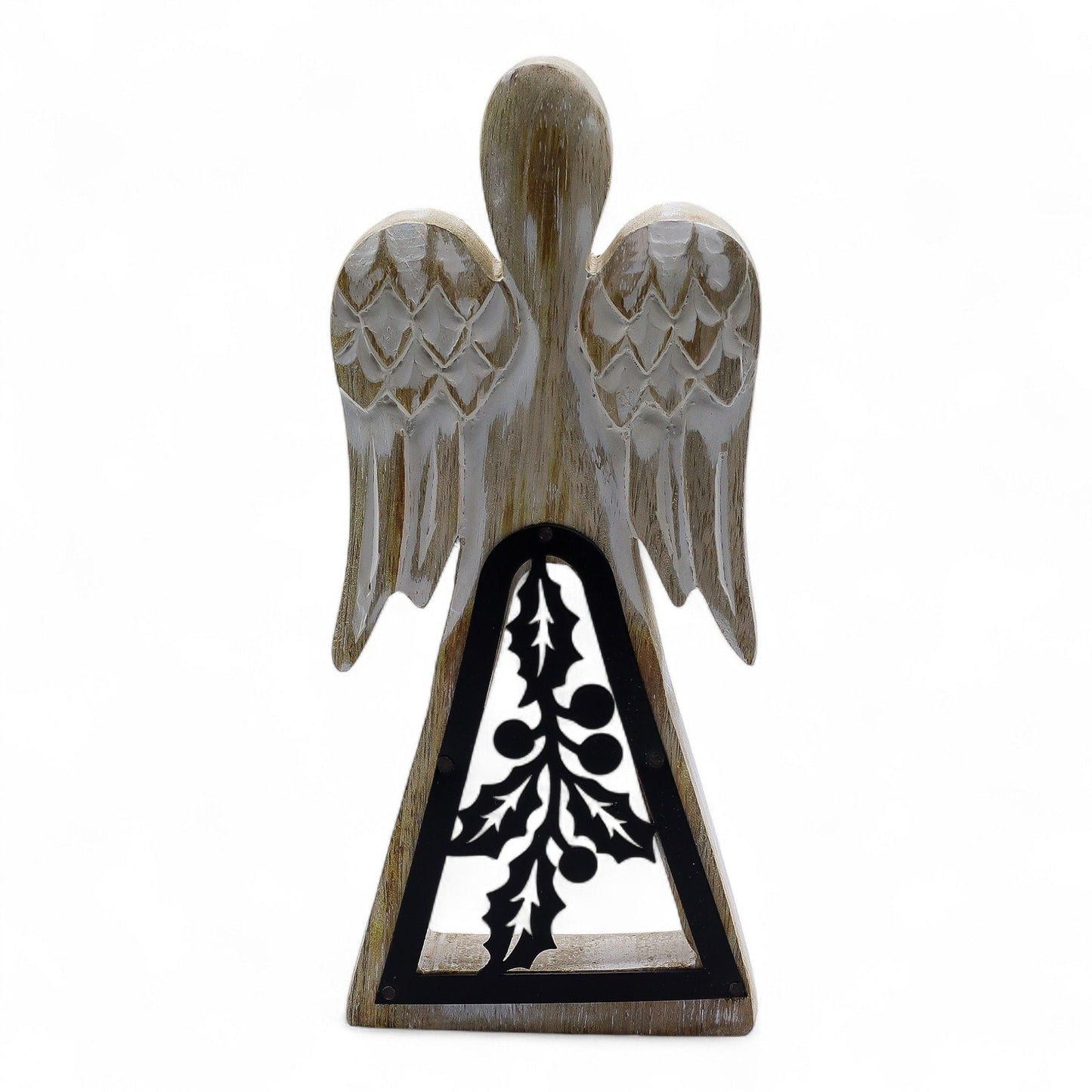 Ángel de madera de mango blanqueada – figura de ángel de madera de mango tallada a mano de 18CM con recorte de acebo de hierro, 18 cm