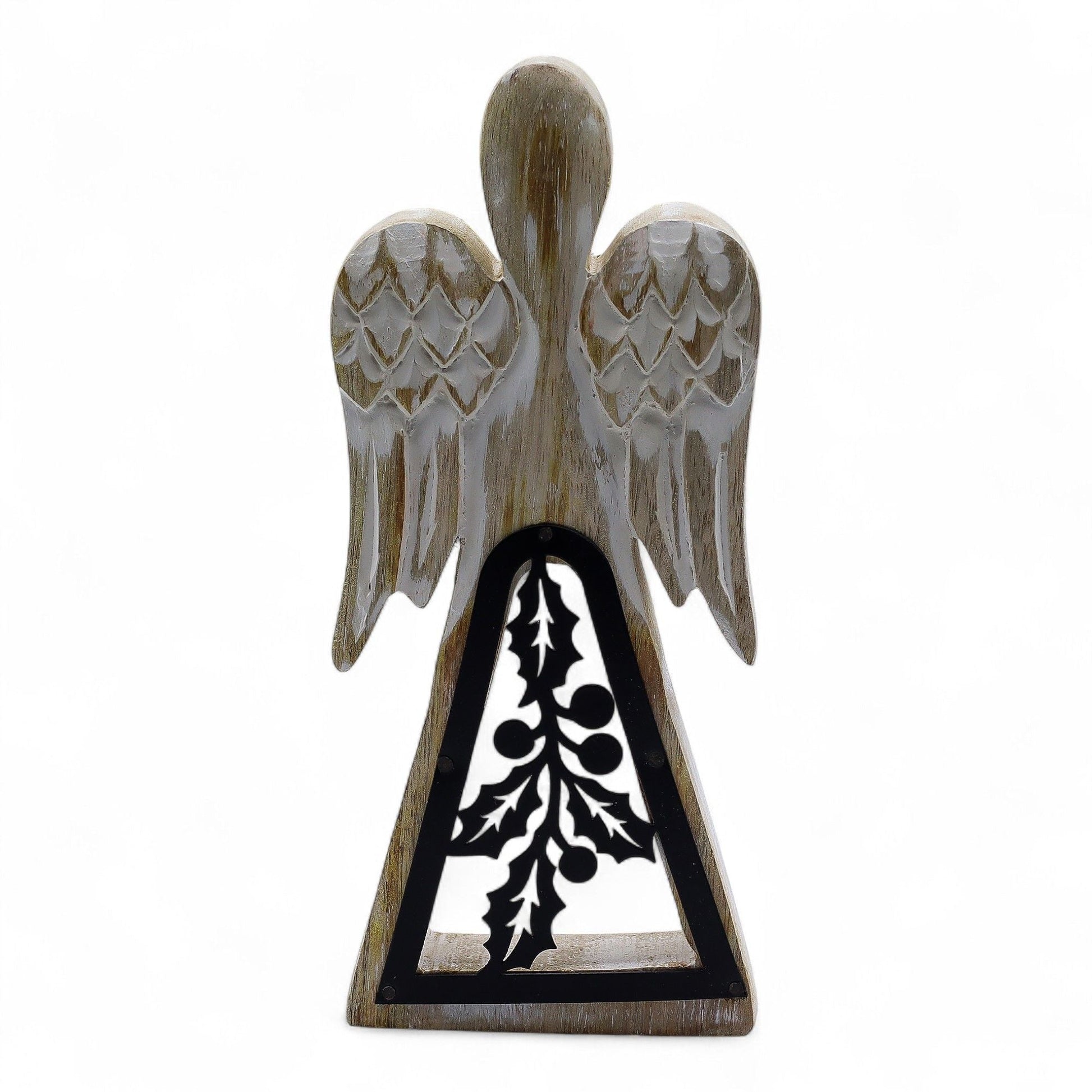 Ángel de madera de mango blanqueada – figura de ángel de madera de mango tallada a mano de 18CM con recorte de acebo de hierro, 18 cm