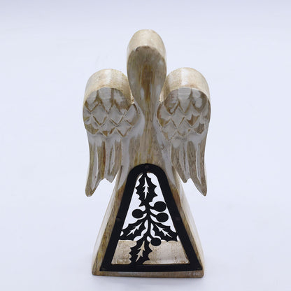 Ángel de madera de mango con acabado blanqueado – decoración de ángel de madera de mango tallada a mano de 18 cm, con recorte de acebo de hierro, 18 cm de alto