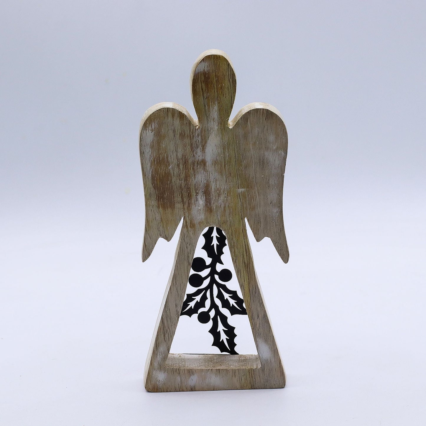 Ángel de madera de mango blanqueada – figura de ángel de madera de mango tallada a mano de 18CM con recorte de acebo en hierro, acabado rústico blanqueado