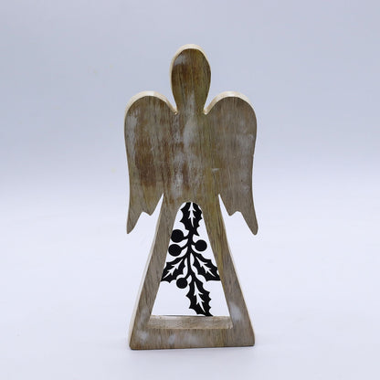Ángel de madera de mango blanqueada – figura de ángel de madera de mango tallada a mano de 18CM con recorte de acebo en hierro, acabado rústico blanqueado