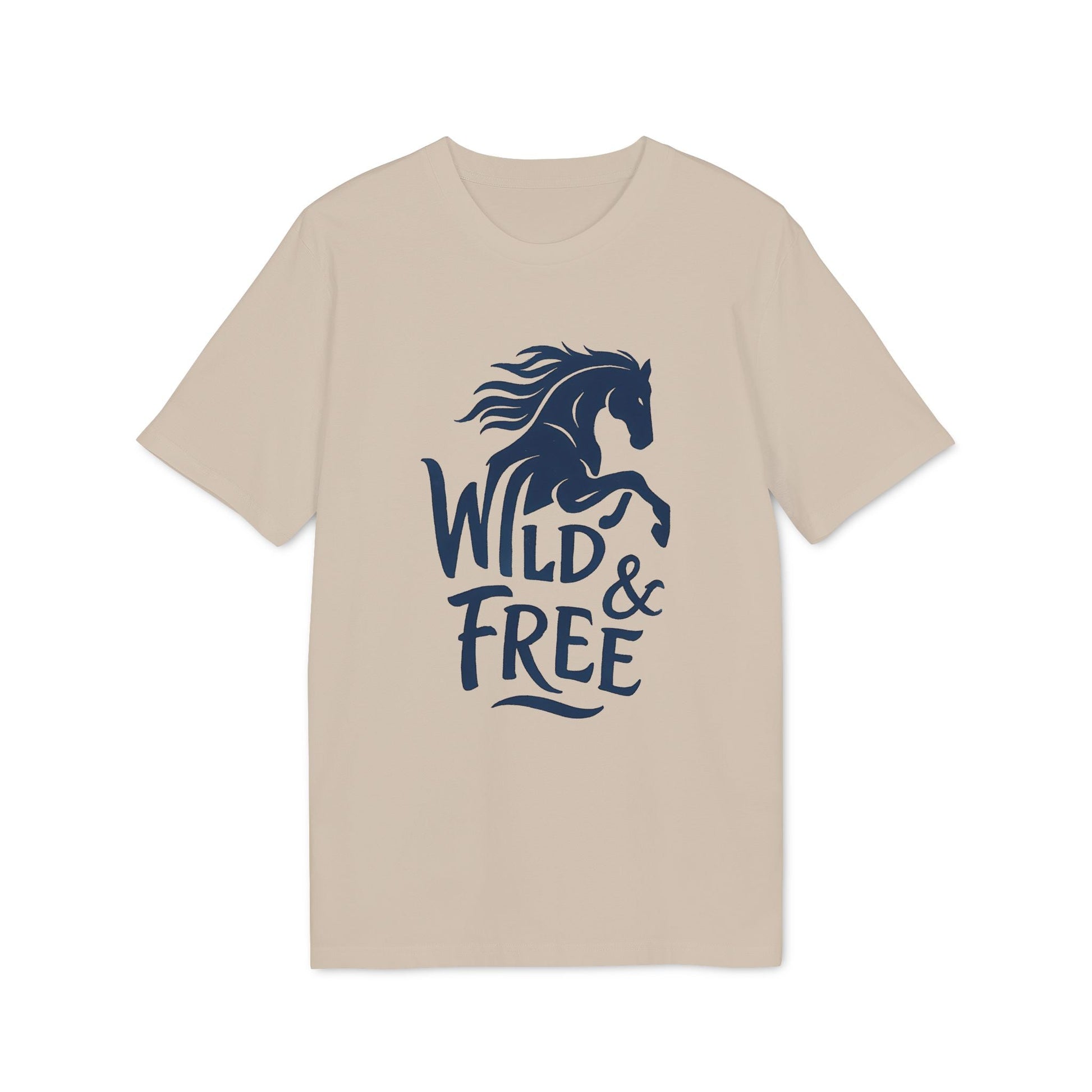 Alt Tag: Wild And Free 100% Organic Cotton T-Shirt beige crew neck with navy horse graphic and "Wild & Free" text