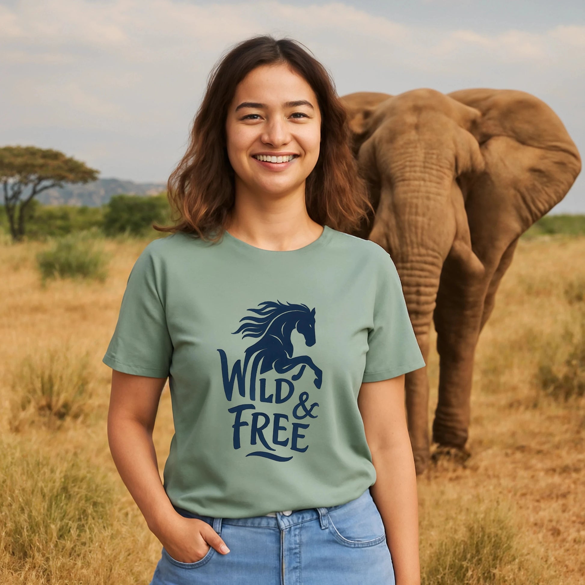 Alt Tag: Wild And Free 100% Organic Cotton T-Shirt worn by woman, wild horse graphic, outdoors with elephant in background