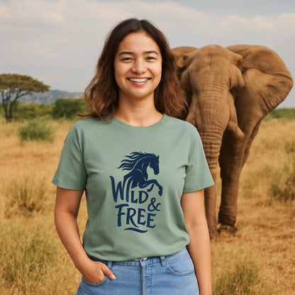 Alt Tag: Wild And Free 100% Organic Cotton T-Shirt worn by woman, wild horse graphic, outdoors with elephant in background