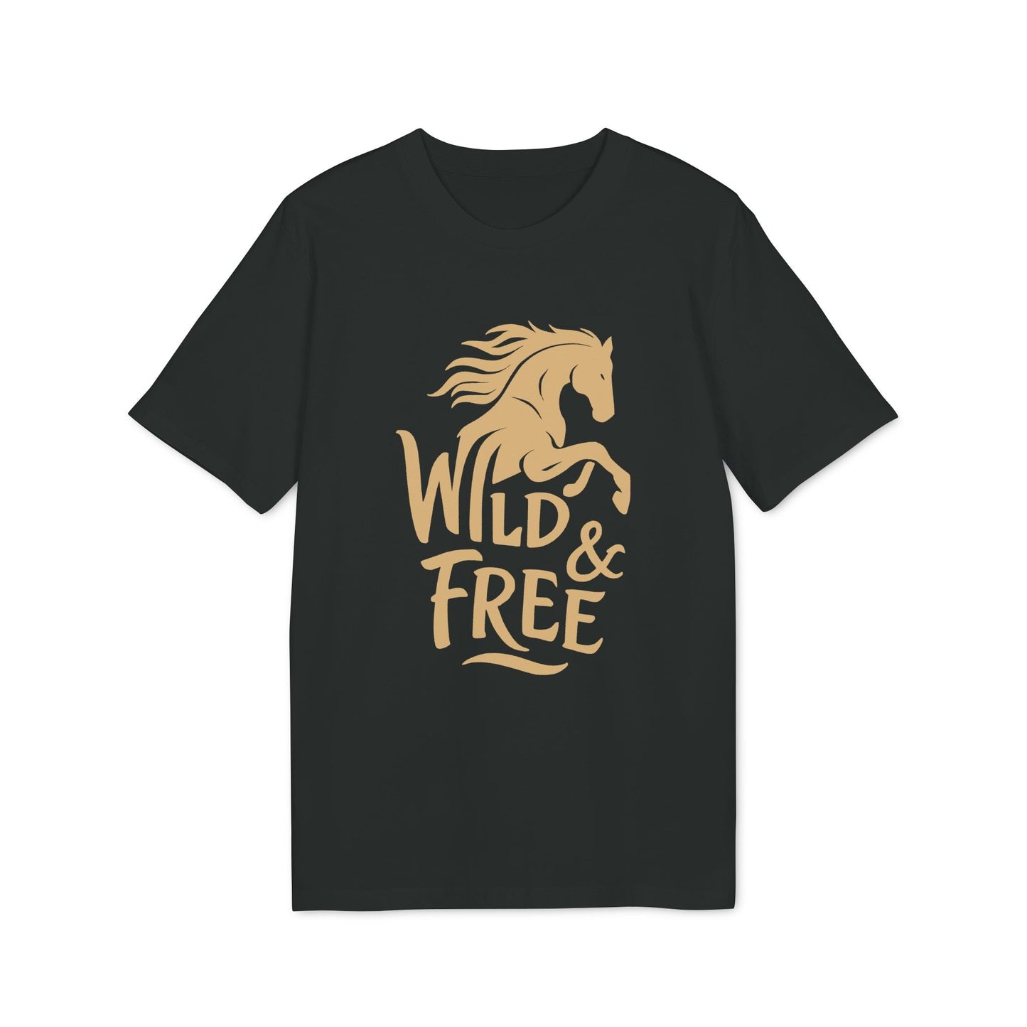 Alt Tag: Wild And Free 100% Organic Cotton T-Shirt black tee with gold horse graphic and “Wild & Free” lettering