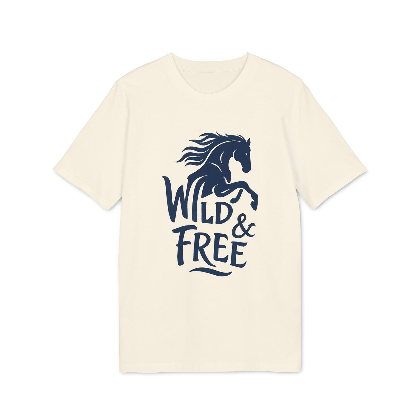 Alt Tag: Wild And Free 100% Organic Cotton T-Shirt in cream with navy horse graphic and “WILD & FREE” text on front