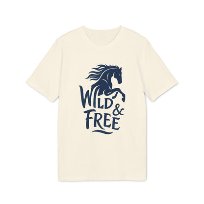 Alt Tag: Wild And Free 100% Organic Cotton T-Shirt in cream with navy horse graphic and “WILD & FREE” text on front