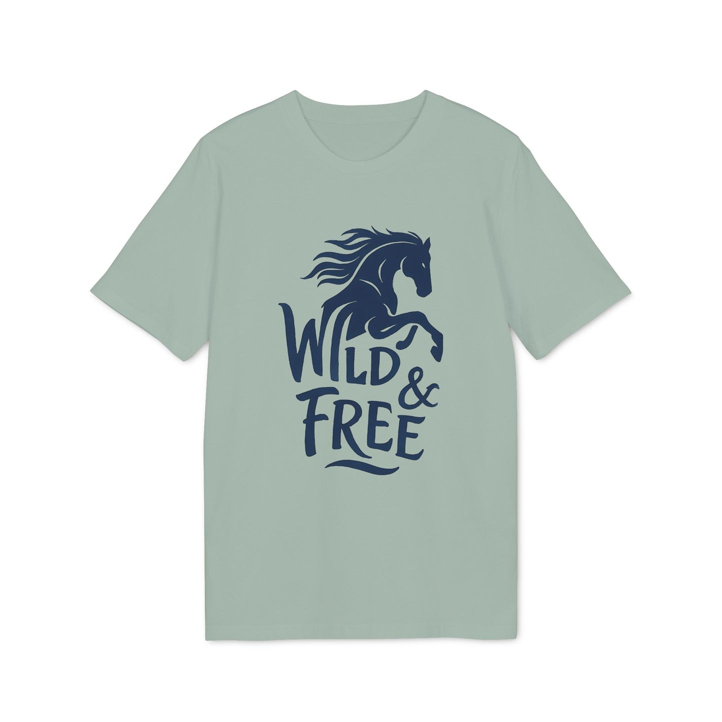 Wild And Free 100% Organic Cotton T-Shirt in sage green with navy horse graphic and “Wild & Free” text