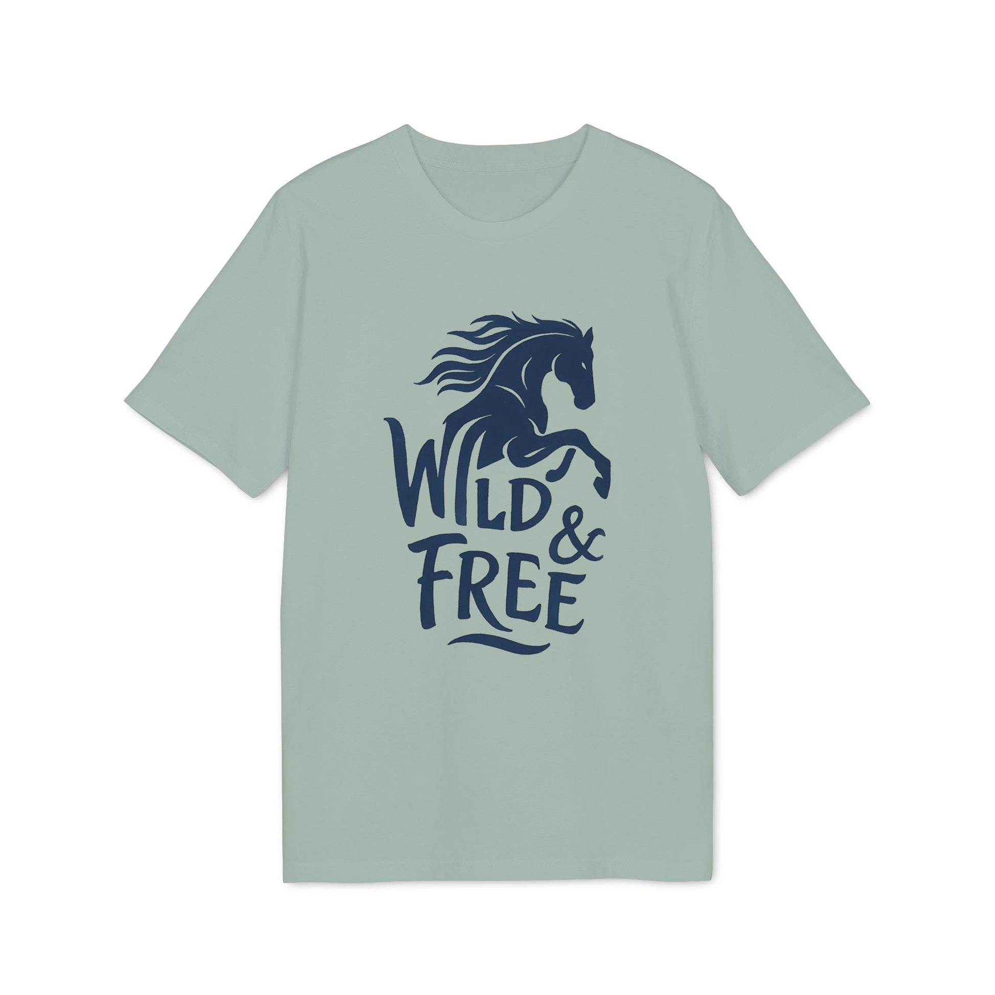 Wild And Free 100% Organic Cotton T-Shirt in sage green with navy horse graphic and “Wild & Free” text