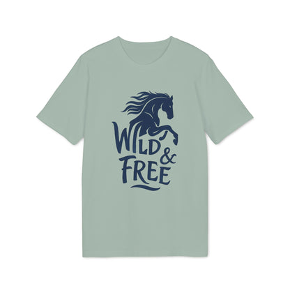 Wild And Free 100% Organic Cotton T-Shirt in sage green with navy horse graphic and “Wild & Free” text