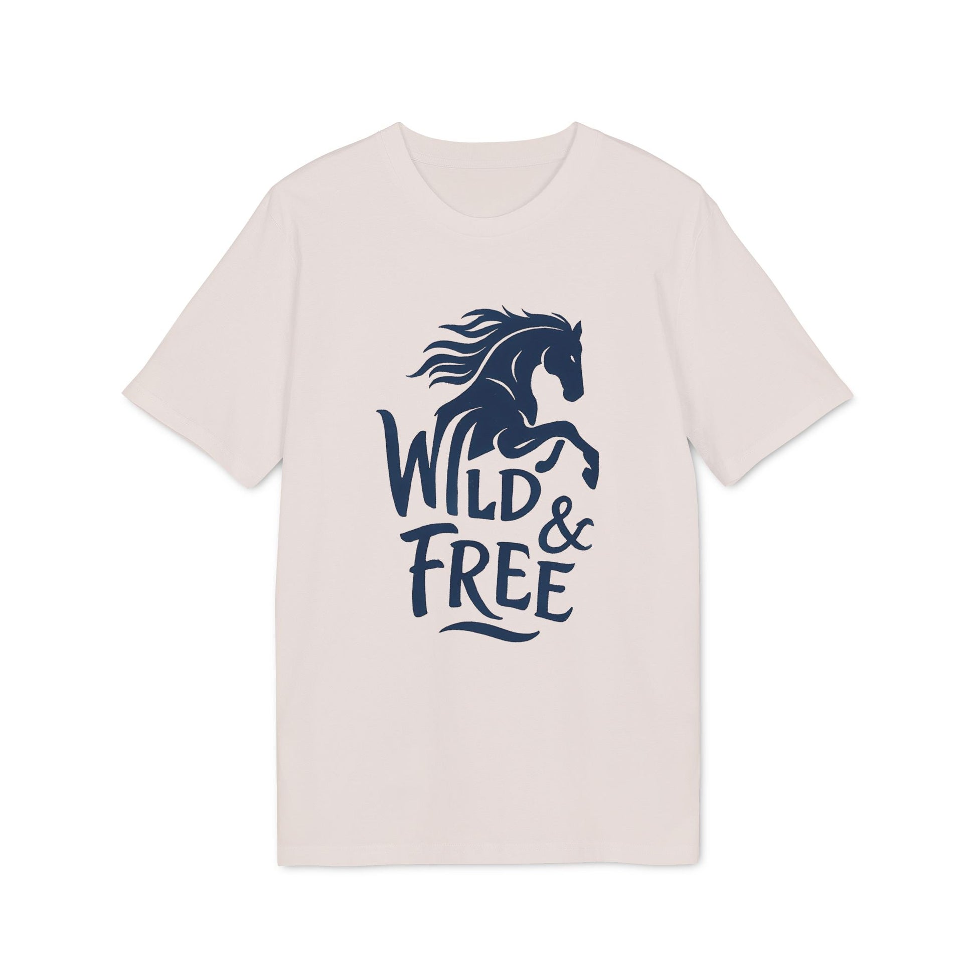 Wild And Free 100% Organic Cotton T-Shirt beige crewneck with navy horse graphic and “Wild & Free” text