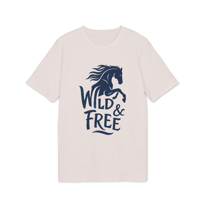 Wild And Free 100% Organic Cotton T-Shirt beige crewneck with navy horse graphic and “Wild & Free” text