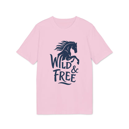 Alt Tag: Wild And Free 100% Organic Cotton T-Shirt in pink with navy “Wild & Free” horse graphic, short-sleeve crew neck