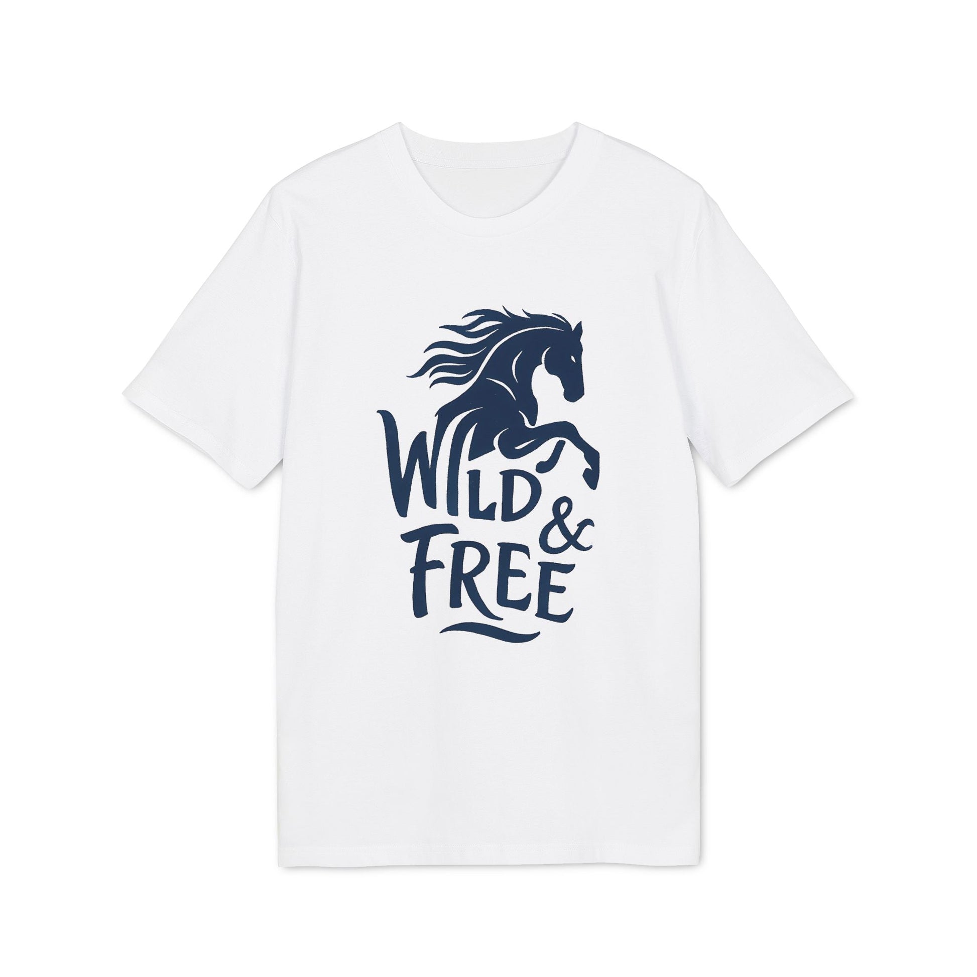 Wild And Free 100% Organic Cotton T-Shirt white tee with navy “Wild & Free” horse graphic, front view
