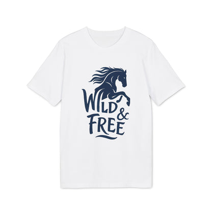 Wild And Free 100% Organic Cotton T-Shirt white tee with navy “Wild & Free” horse graphic, front view